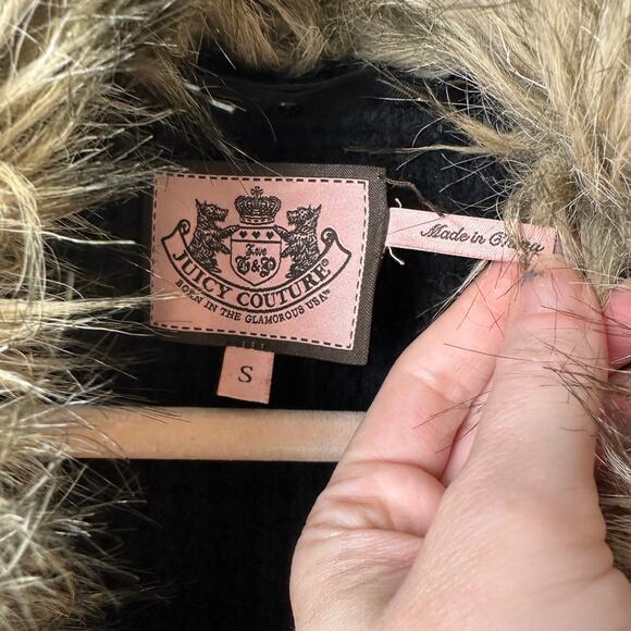 Sm Juicy Couture Vintage Y2K Black Lambswool Cardigan Sweater Faux Fur Collar - Picture 2 of 8